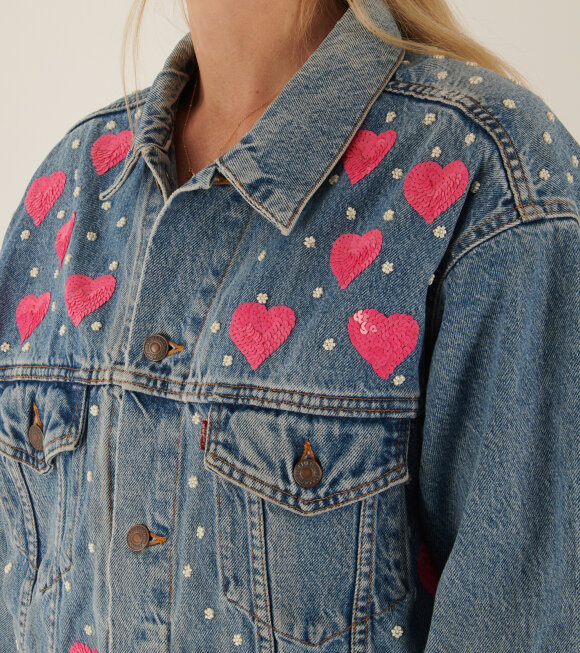 Caro Editions - Upcycled Denim Jacket Beaded Pink Hearts