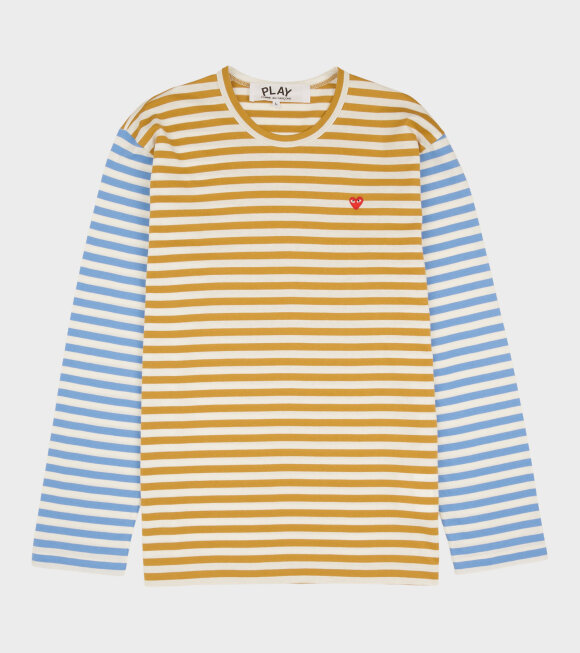 Comme des Garcons PLAY - M Small Heart Striped LS T-shirt Khaki/Blue