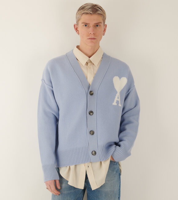 AMI - Wool Cardigan Cashmere Blue/Off-white