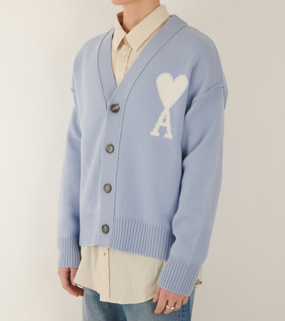 AMI - Wool Cardigan Cashmere Blue/Off-white