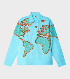 World Map Embroidered Shirt Blue