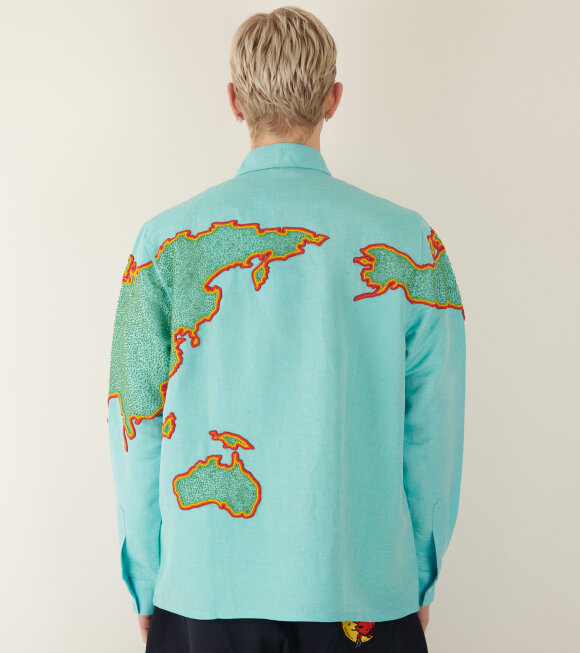 Sky High Farm - World Map Embroidered Shirt Blue