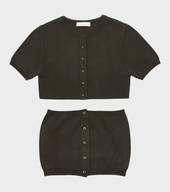 Amomento - Crop Button Cardigan Set Dark Brown