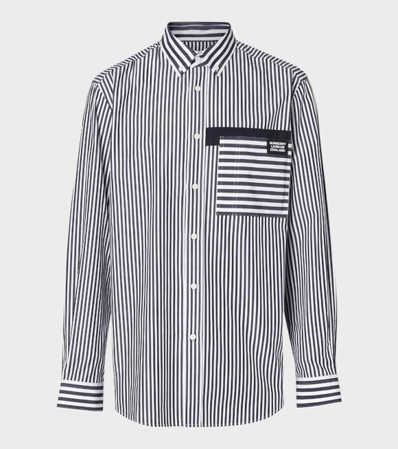 Burberry - Logo Detail Contrast Stripe Cotton Shirt Dark Navy/White