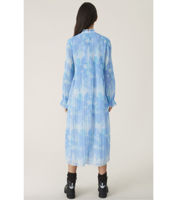 Ganni - Pleated Georgette Dress Gray Down Blue 