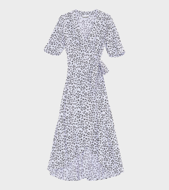 Ganni - Printed Crepe Wrap Dress Heather Blue
