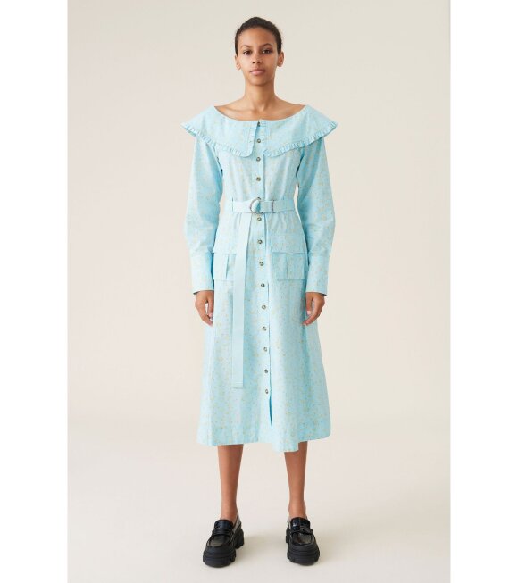 Ganni - Printed Cotton Poplin Long Dress Blue