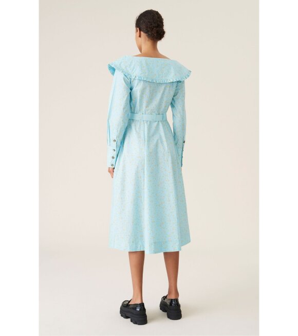 Ganni - Printed Cotton Poplin Long Dress Blue