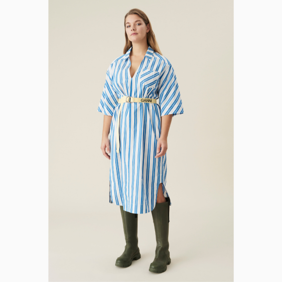 Ganni - Oversized Midi Dress Stripe Cotton Blue/White