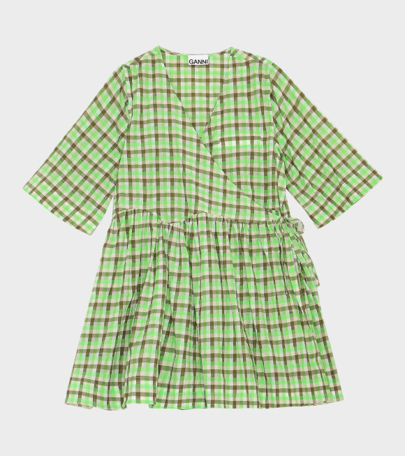 Ganni - Seersucker Check Dress Green