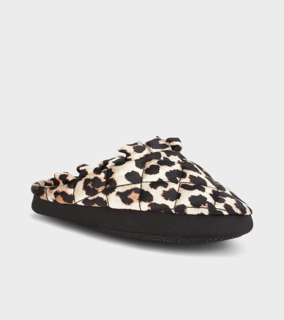 Ganni - Quilted Satin Slippers Leopard 
