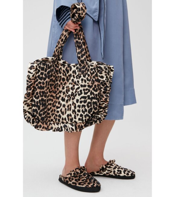 Ganni - Quilted Satin Slippers Leopard 