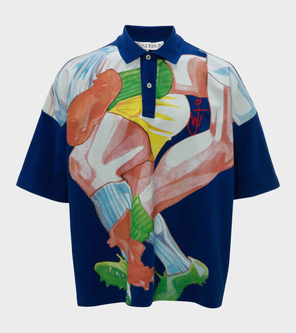 JW Anderson - Oversized Printed Polo Shirt Electric Blue