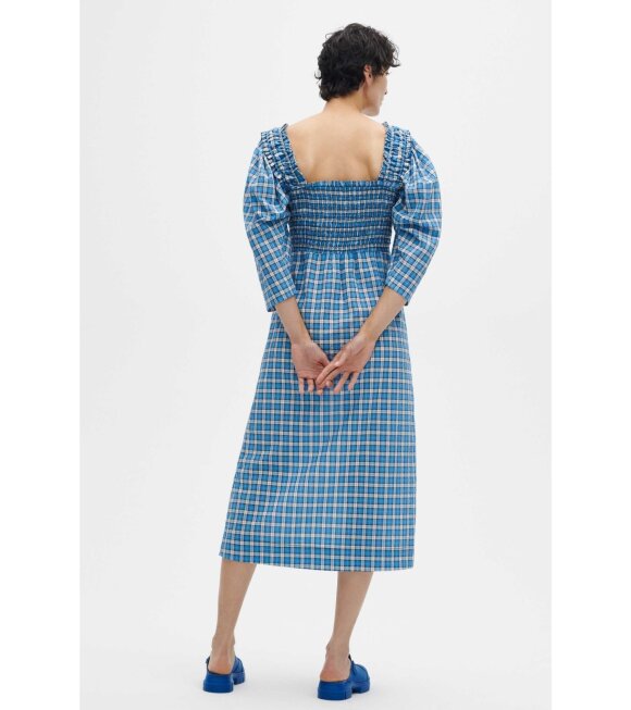 Ganni - Seersucker Square Neck Dress Check Azure Blue