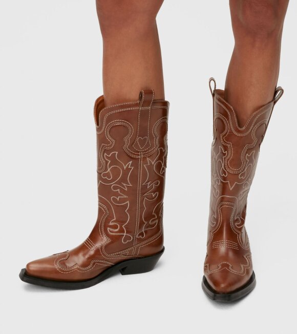 Ganni - Embroidered Western Boots Tiger's Eye