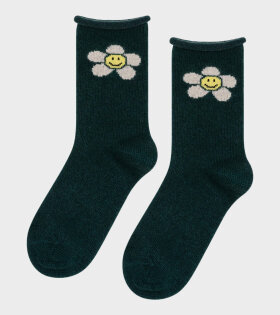 Happy Daisy Cashmere Crew Socks Hunter Green