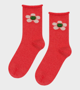 Happy Daisy Cashmere Crew Socks Scarlet