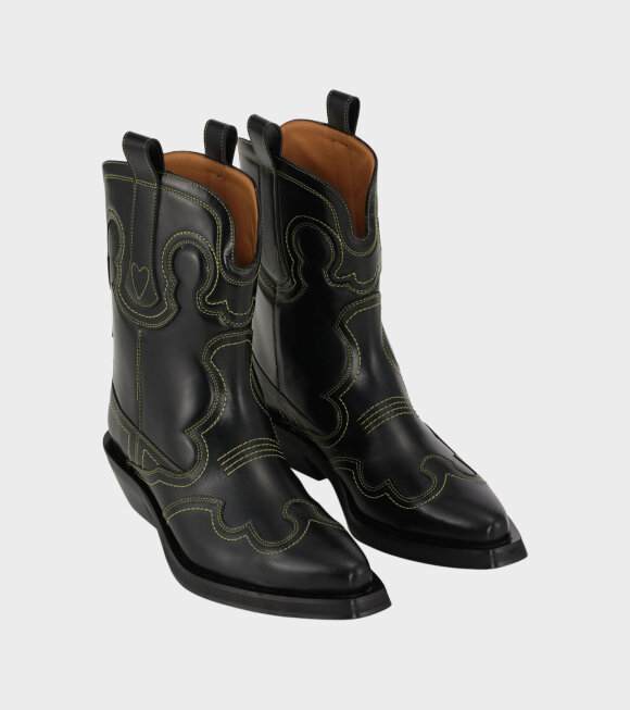 Ganni - Low Shaft Embroidered Western Boots Black/Yellow