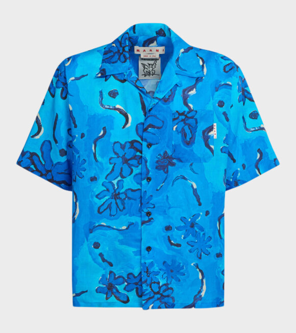 Marni - Printed Ramié Bowling Shirt Blue