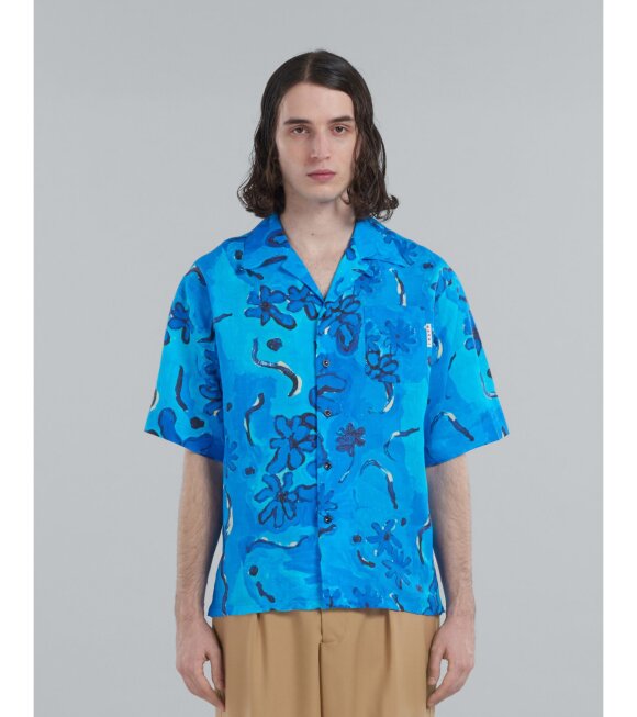 Marni - Printed Ramié Bowling Shirt Blue