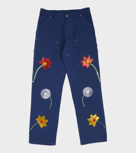 Sequin Flowers Double Knee Workwear Pants Blue