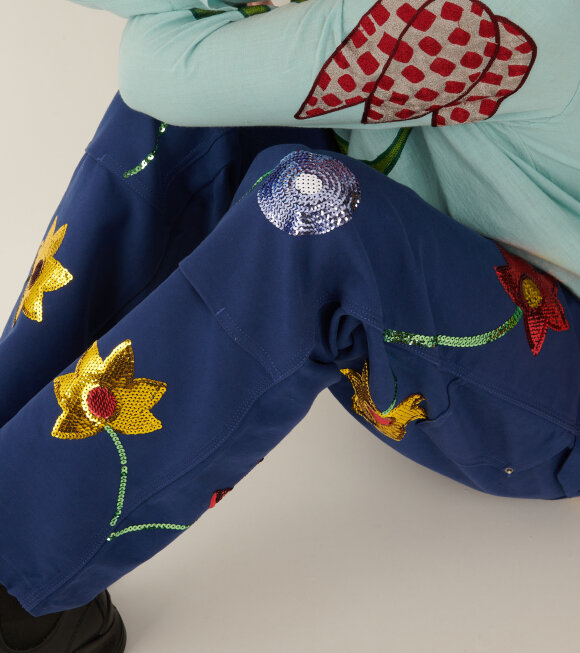 Sky High Farm - Sequin Flowers Double Knee Workwear Pants Blue